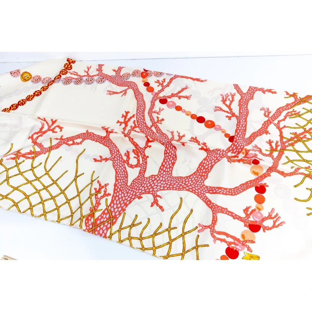Vintage Angela Cummings Italian Silk Twill Scarf Nautical Coral Net In Box 35x35